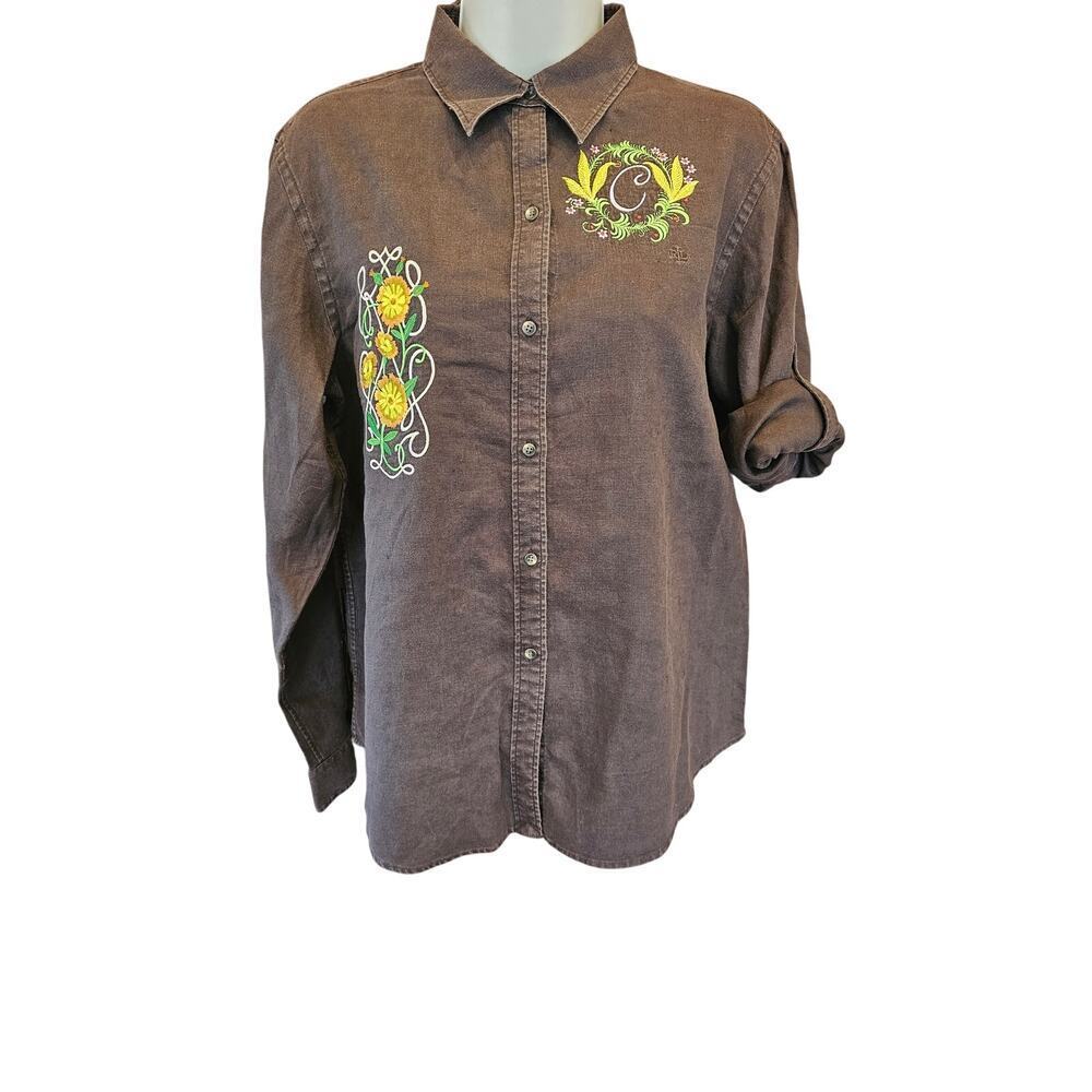 Lauren ralph lauren sz M 100% linen long sleeve button up top Monogrammed C EUC